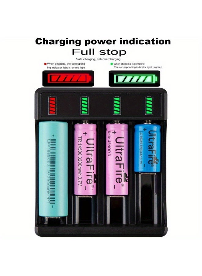 شاحن بطاريات ذكي USB بقوة 3.7 فولت، مناسب لبطاريات 18650 وبطاريات Li-Pd4، يدعم الشحن المستقل عبر منفذ USB، كما أنه مناسب لبطاريات الليثيوم أيون القابلة لإعادة الشحن من نوع 16340 و14500 و26650. يأتي مع بنك طاقة بأربعة منافذ. - Image 2